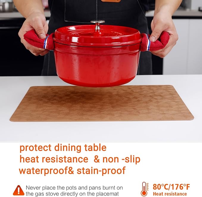 Vinyl Placemats Set of 6 Heat Resistant Easy Clean Non-Slip Place Mats for Dining Table Faux Leather Waterproof Stain Resistant Wipeable Washable PVC Table Mats(6, Light Brown)