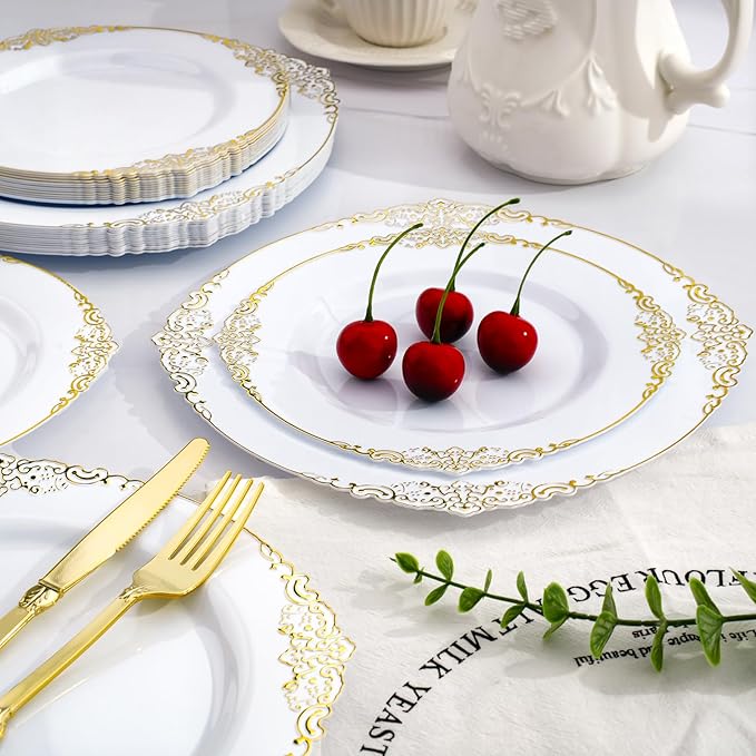 350 PCS White and Gold Plastic Plates, Plastic Dinnerware Set for 50 Guests, 100 Disposable Plates, 150 Silverwares, 50 Cups, 50 Napkins for Party, Wedding, Graduation