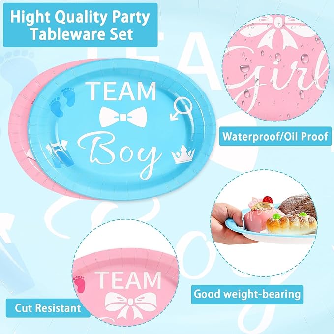 Grencian 50Pcs Gender Reveal Party Supplies 10" x 12" Large Heavy Duty Gender Reveal Oval Paper Plates Disposable Blue or Pink Boy or Girl Dessert Plates for Birthday Baby Shower Party Decor