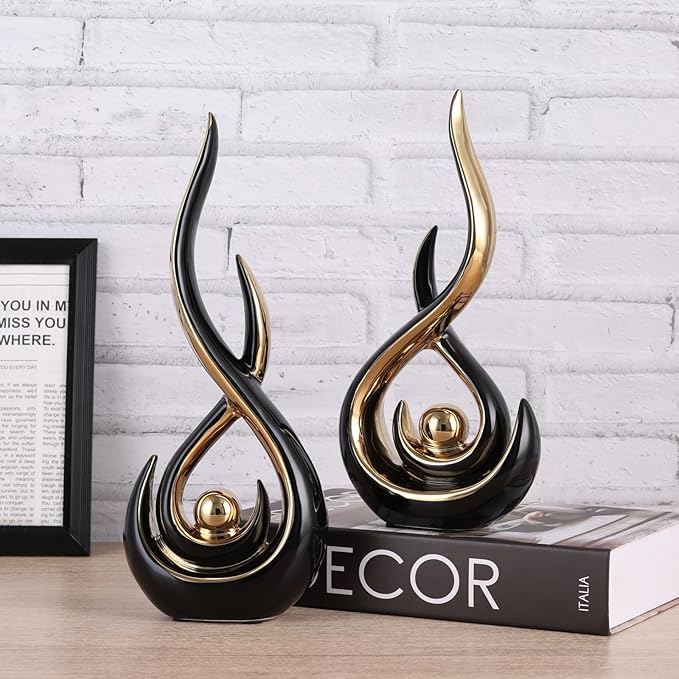 DOVDOV Ceramic Abstract 2 Piece Statue Set, Black and Gold Home Decor Accents for Home Decor Statue Mantelpiece on Unique Shelf Decor, TV Cabinet Divider Table top and Dining Table Centerpiece.