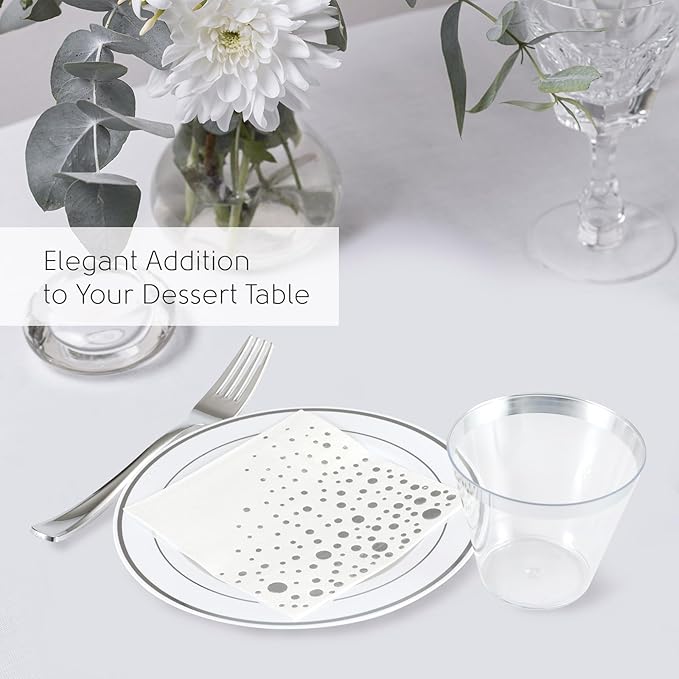 Stylish Disposable Party Set - 100 Cups, Forks, Napkins, 7.5 Inch Dessert Plates, Cake Plates, Appetizer Plates
