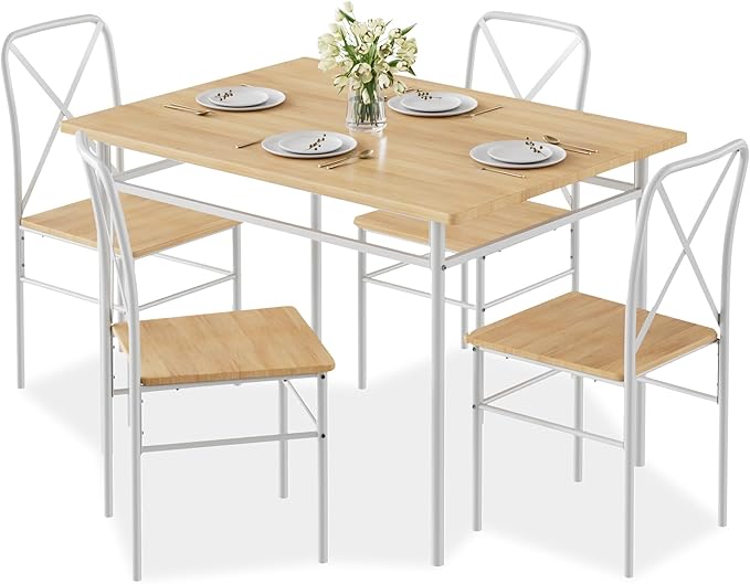 VECELO 5-Piece Kitchen Dining Table Set, Wood Tabletop & Heavy-Duty Metel Frame, Rectangle Dinette with 4 Chairs for Small Space, Breakfast Nook, Natural White