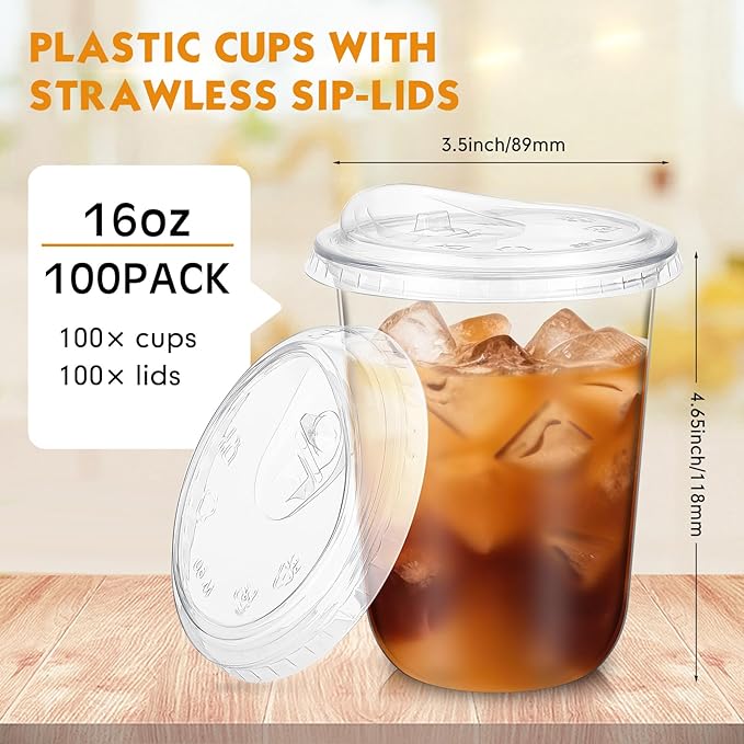100 Sets Clear Plastic Cups with Strawless Sip Lids, Thickened Clear Disposable Plastic PET Crystal Cups for Iced Coffee, Smoothie, Cold Beverage, Drink Shops and Party Catering (16 oz)