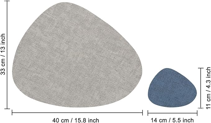 Placemats and Coasters, Washable Placemats Round Faux Leather Wipeable Place Mats Non Slip Heat Resistant Indoor Outdoor Table Mats (Set of 4, Light Gray Navy Blue)