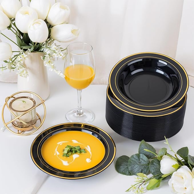 bUCLA 120 Pack Disposable Plastic Bowls 12oz - Black with Gold Trim Plastic Party Bowls for Salad, Soup, Dessert, Picnic, Catering, Ideal for Party & New Year