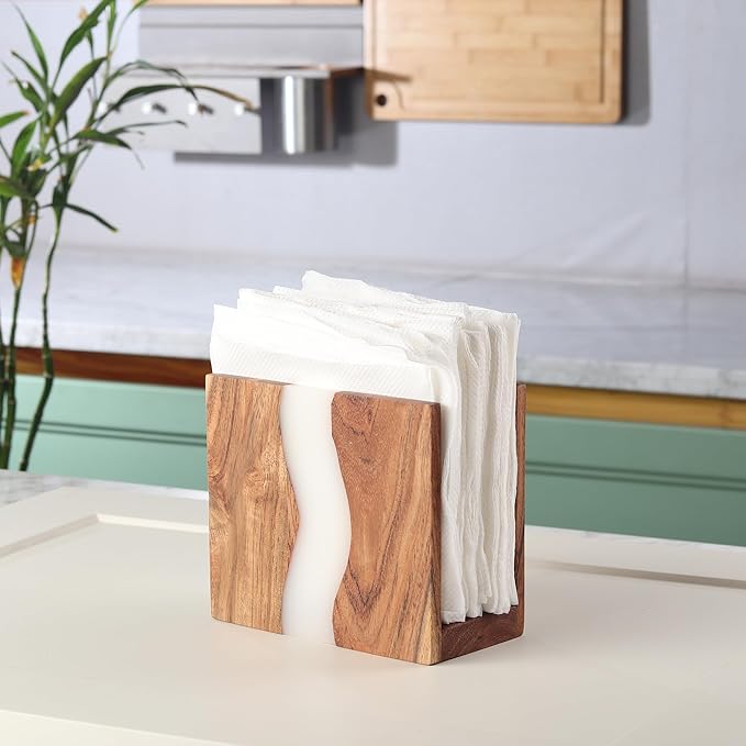 Acacia wood & Transparent Epoxy resin Napkin holder for table, Rustic farmhouse napkin organisation for kitchen, dining, counter tops, restaurant or outdoors | 6x5x2.5 inches|(Cloudy White)