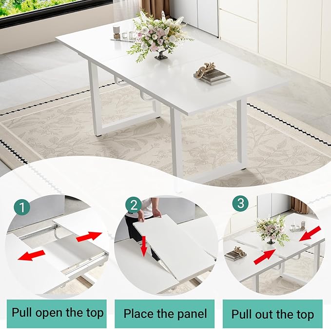 Extendable Dining Table Set for 8, 55"–71" Modern White Kitchen Table with 8 Upholstered Chairs, Space-Saving for Living Room Apartment, Sturdy & Comfortable, Easy Assembly