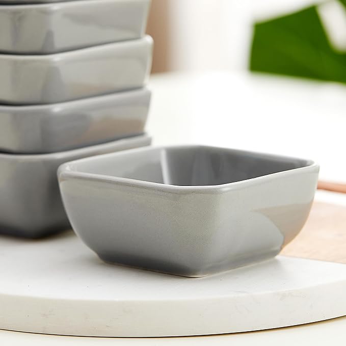 Ceramic Dipping Bowls Set of 6,3 Ounce Porcelain Small Mini Dip Bowl Square Soy Sauce Dish - Good for Tomato Sauce, Sushi Soy, BBQ,Charcuterie Board(Grey)