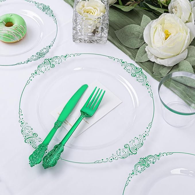 Hioasis 175pcs Clear and Green Plates - Green Party Plates for 25 Guest, Include 50 Heavy-duty Plates(20% Thicker Than Standard), 25 Pre Rolled Gold Plastic Silverware Set, 25 Cups for St. Patrick's D