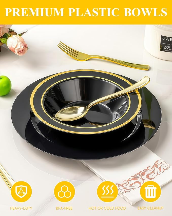 BESTSTAR 50 Pack Black Disposable Bowls with Gold Rim, 12oz Black Plastic Soup Bowls for Party, Wedding, Holiday,And Halloween