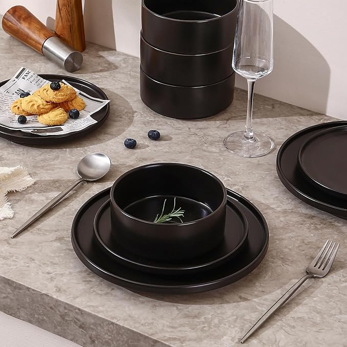 GZG Classic Series - Plates and Bowls Set for 4, 12 Piece Stoneware Dinnerware Sets, Microwave and Dishwasher Safe Lead-Free Handcrafted Ceramic Dishes Set - Matte Black