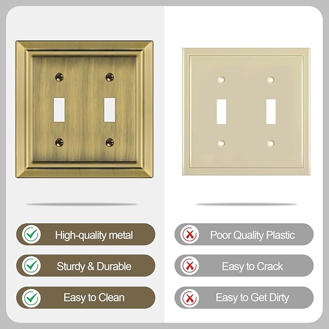 Metal Wall Plate for Electrical Outlets, Decorative Antique Brass Switch Plates Outlet Cover, Light Switch Cover Plate, 2-Gang Wall Plates (Double Toggle, 2 Pack)