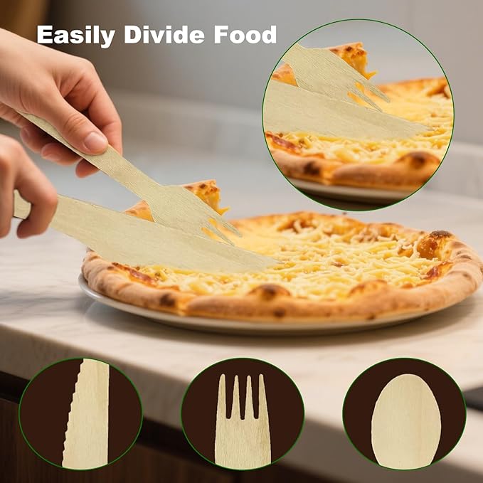 300 Pack Wooden Cutlery Set (100 Forks, Spoons, Knives) - 6 Inch Disposable Birch Wood Utensils for Thanksgiving & Christmas Parties - Heavy Duty, Splinter-Free Biodegradable Cutlery