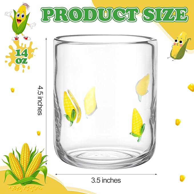 Icon Juice Glasses, 14oz Stemless Wine Drinking Juice Glass Cup for Valentine Party Supplies Gift(2 Pcs,Corn)