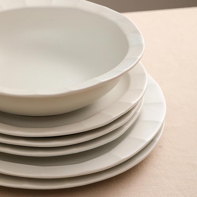 Stone Lain Oasis Stoneware 24 Piece Dinnerware Set, Home Kitchen Dish Set with Dinner Plates, Salad Plates & Bowls - Service for 8, White