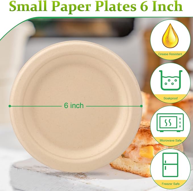 Compostable Disposable Paper Plates - 6 Inch, 100 Pack, Brown, Sturdy, Ideal for Dessert, Cake, Appetizer
