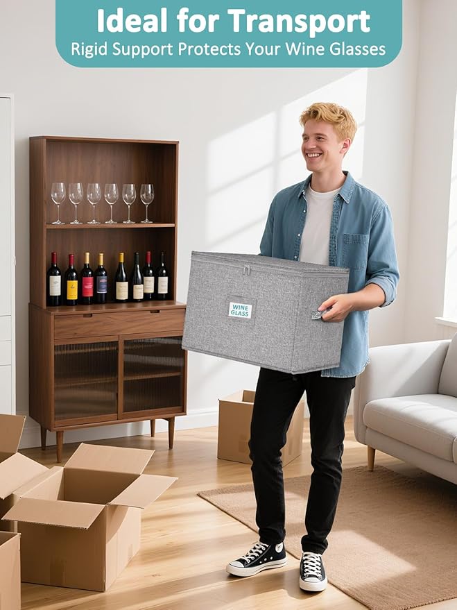 Cirhy Wine Glass Storage Box Hard Shell, 10'' Tall Stemware Storage Containers for Moving, Holds 24 Crystal Glasses & Flutes, Stackable Glassware Chest with Dividers, Grey (2-Pack)