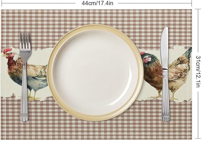 Rustic Rooster Placemat Set, Vintage Boho Farmhouse Colorful Watertcolor Chicken Pink Plaid Pattern Home Decor Table Mats for Dining Room Kitchen Party (17x12in) x4P