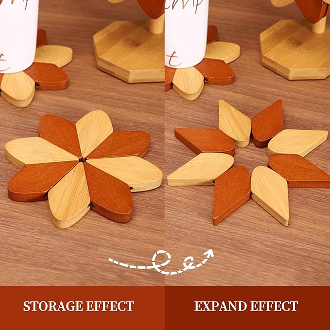 Wooden Placemats - Tree Washer Set, Wooden Pinwheel Coaster Set with Stand for Easy Storage - for Fondue pots, Pans, Bowls, teapots, Warming Trays - Versatile Decorations (Windmill placemats 5 pcs)