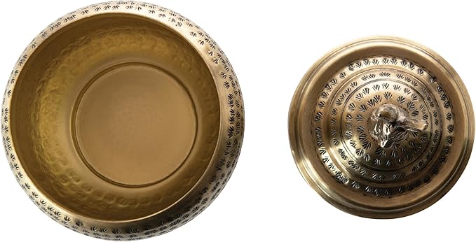 Round Hammered Metal Container with Rabbit Finial, Brass Finish