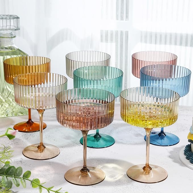 24 Pcs Ribbed Martini Glasses 10 oz Disposable Plastic Vintage Ribbed Coupe Glasses Unbreakable Dessert Parfait Glassware for Wedding Birthday Party Supplies (Classic Color)