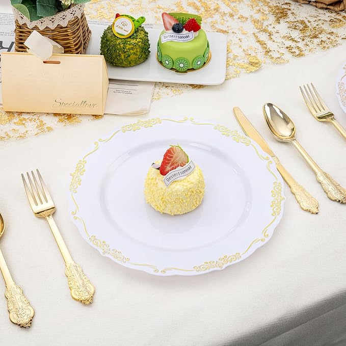 DaYammi 60PCS White and Gold Plastic Plates, Gold Rim Plates Disposable Heavy Duty Disposable Plate Premium 10inch White Dinner Plate Hard Plastic Platos for Party Wedding Bridal Shower