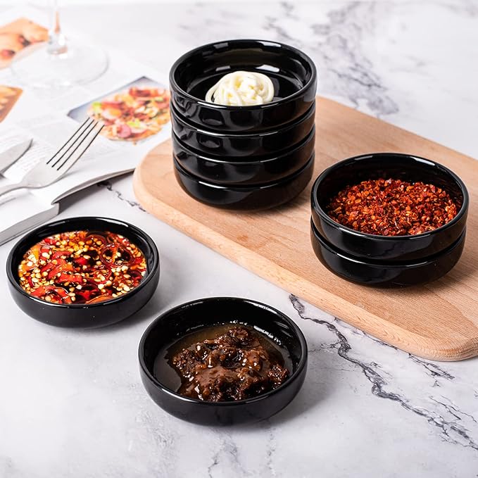 DELLING 8 PACK Dipping Bowls Set, Ceramic Dipping Sauce Dishes, 3.5 Oz Soy Sauce Dish, Side Dish Bowls, Small Bowl/Dish for BBQ, Condiments, Appetizer, Dessert, Sushi, Party - Black