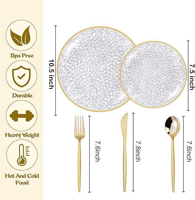 Rubtlamp 150Pcs Plastic Plates, Heavy Duty Clear Plates With Gold Rim, Hammered Gold Dinnerware Set Include 30 Dinner Plate, 30 Dessert Plate, 90 Plastic Silverware