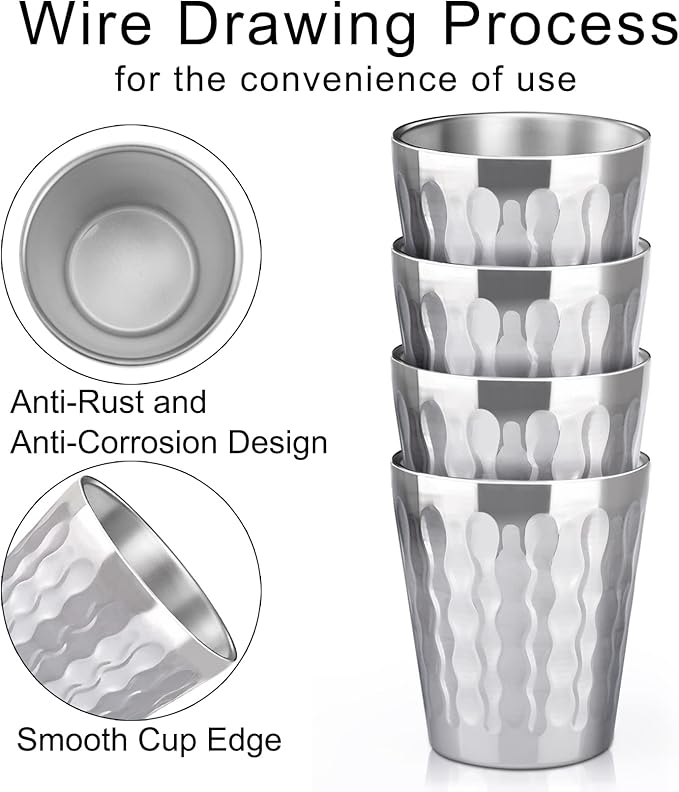 Beasea 10oz Stainless Steel Cups, 4 Pack Double Wall Metal Stackable Insulated Portable Drinking Tumblers Unbreakable Shatterproof Glasses for Home Restaurant Party Camping Travelling