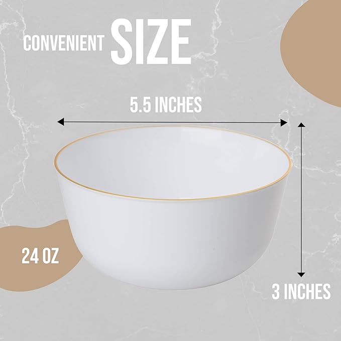 Trendables 24 oz Plastic Bowls Set - Fancy Serving Bowls - Perfect for Ice Cream, Salad, Candy - Disposable (10, White Gold Rimmed)