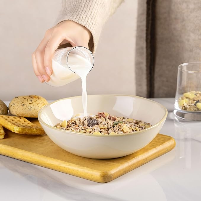 AmorArc Ceramic Cereal Bowls Set of 6, 24 oz Handmade Stoneware Bowls Set for Cereal Soup Salad, Stylish Kitchen bowls for Meal, Dishwasher & Microwave Safe, Reactive Glaze-Vanilla
