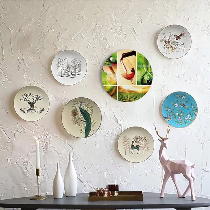 Decorative Plates, Wine Print Ornament, Wine Tasting and Grapevine Collage Green Fresh, 6 Inch, 1 Plate with 1 Display Stand, Green Ruby Caramel