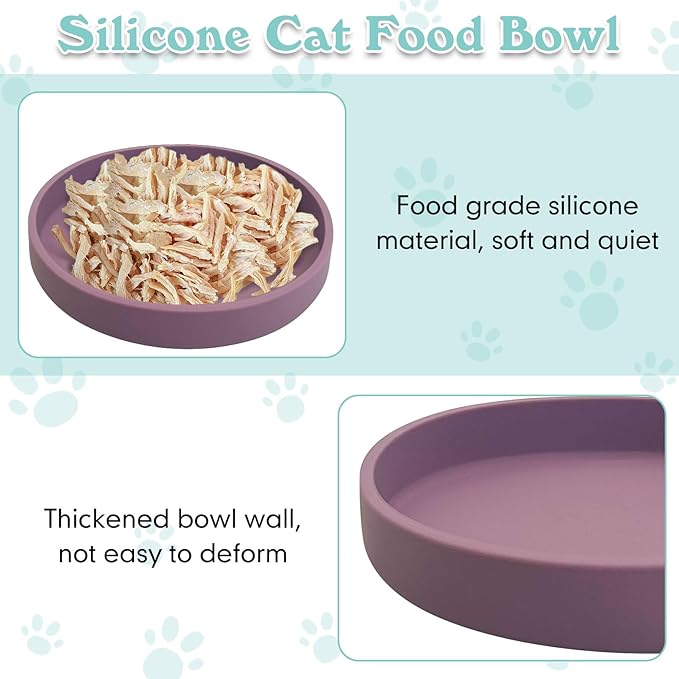 Silicone Cat Food Bowls Shallow Cat Dishes 5.9in Wide Pet Plates Set of 2 Small Flat Dog Saucer Bowl Cute Whisker Fatigue Kitten Feeding Dish for Dry & Wet Food (Round Purple)