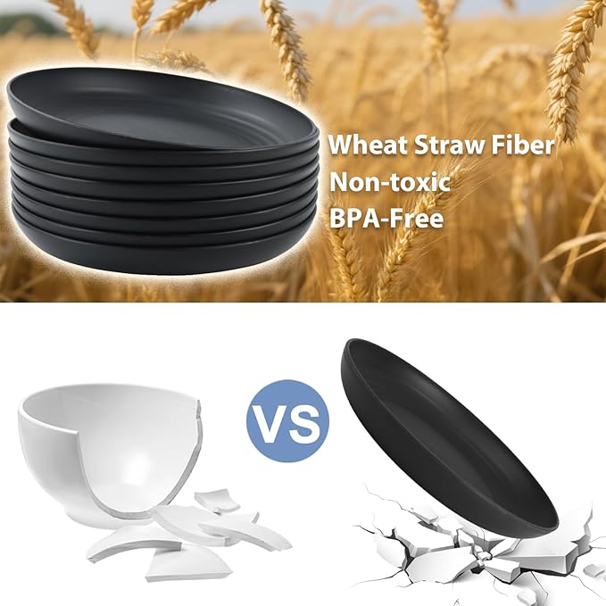 Wheat Straw Plates Set of 8, 9 Inch Dinner Plate for Camping, Picnic, Unbreakable Plastic Plates Reusable, Microwave & Dishwasher Safe Kitchen Plate for Breakfast, Lunch (Black)