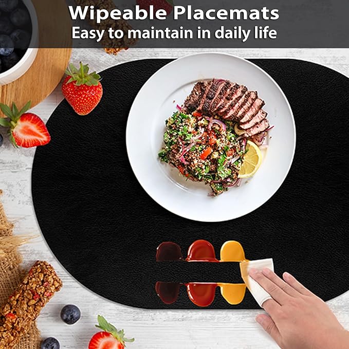 ADRIMER Placemats, Heat Resistant Oval Placemats Set of 12 Washable 12 x 17 Inch, Waterproof Table Mats, Wipeable Pu Place Mats for Kitchen, Dining Room, Black
