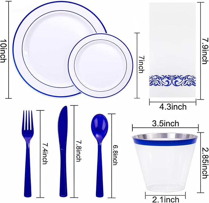 WELLIFE 700 Pcs Blue Plastic Plates for 100 Guests - Plastic Dinnerware Set,Party Supplies Includes 200 Blue Plates,300 Disposable Silverware,100 Napkins,100 Cups
