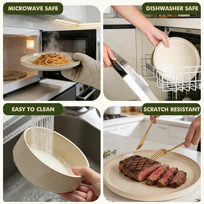 Stoneware Dinnerware Sets, Plates and Bowls Set for 4, 12-Piece Ribbed Dishes – Chip & Scratch Resistant, Microwave and Dishwasher Safe Tableware, Warm Off-White