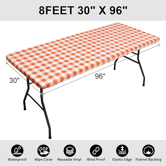 Smiry Rectangle Picnic Table Cloth, Elastic Waterproof Fitted Vinyl Tablecloths, Flannel Backed Buffalo Plaid Table Covers for Dining, Camping, Outdoor, Thanksgiving (White and Orange, 30" x 96")