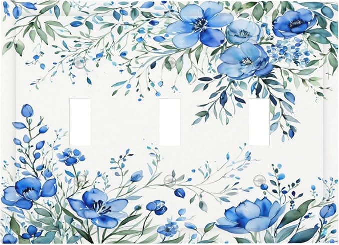 Light Switch Cover Blue Watercolor Flowers Retro Floral Leaves 3 Gang Wall Plate Triple Light Switch Plate Toggle Decorative Outlet Covers Electrical Switchplate for Bathroom Bedroom Decor