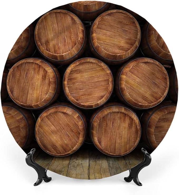 Decorative Plates, Wine Print Ornament, Wall of Wooden Barrels, 8 Inch, 1 Plate with 1 Display Stand, Multicolor