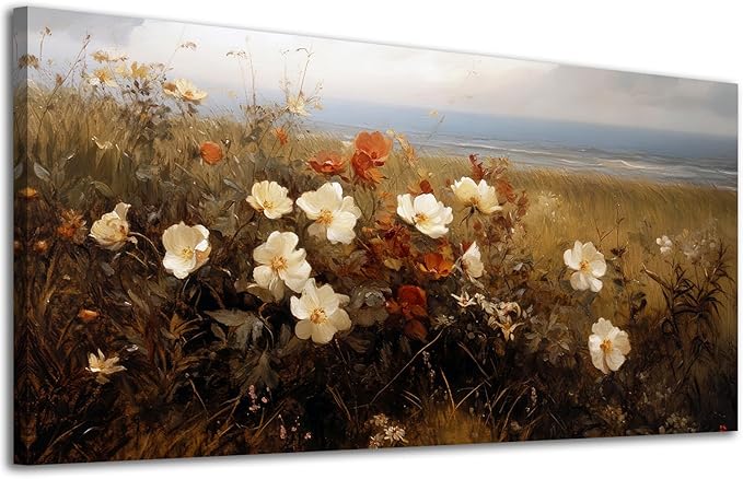 ADJUVANT Wall Art Vintage Coastal Wildflower Field 60"L x 30"W, Seaside Meadow With White And Orange Blooms Canvas Painting Nature Artwork Retro Floral Prints Botanic Wall Decor for Living Room Bedroom