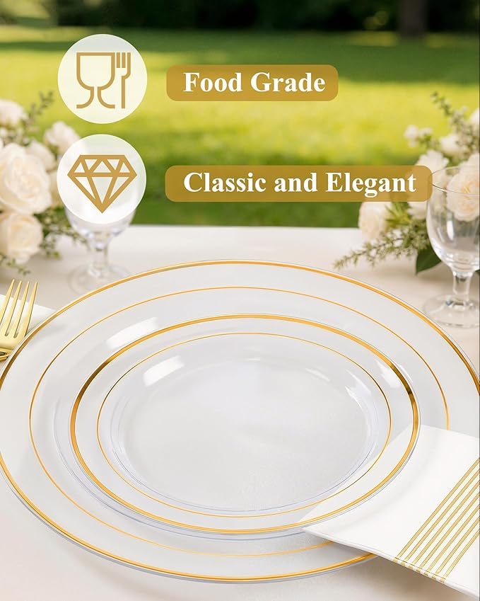 Quatish 120 Pcs Gold Rim Disposable Plastic Plates for Party,Wedding Plate Includes 60 Pes 10.25 Inch 60 Pes 7.5 Inch Heavy Duty Dinner & Dessert Plates, Perfect for Festivals,Picnics,in Clear