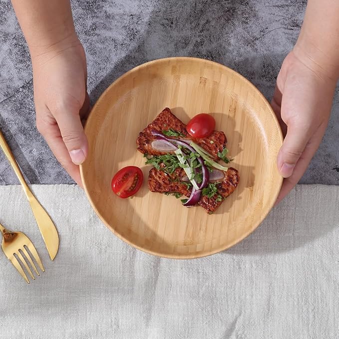 Bamboo Plates 7.5Inch Round Bamboo Plate Reusable Dinner Plate Tableware 4PCS Wooden Plates Lightweight Dishes Snack, Dessert, Unbreakable Classic Plate