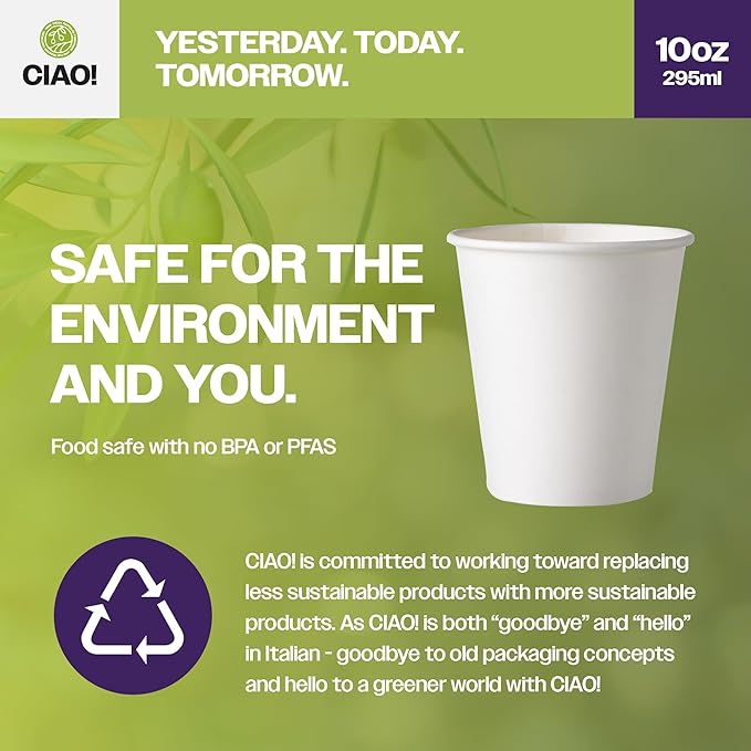 CIAO! 10oz White Paper Hot Cup, Disposable, 90mm Diameter 1,000 Count