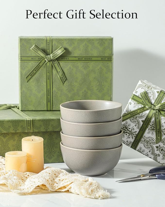 Cereal Bowls Set of 4, 24 oz Ceramic Bowls for Kitchen, Stoneware Soup Bowls for Salad, Ramen, Snack, Dessert, Unique Housewarming Gift, Dishwasher Microwave Safe, Matte Gray