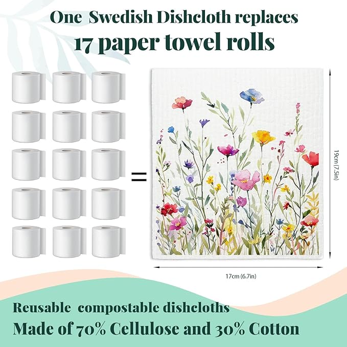 Flowers Swedish Dishcloths for Kitchen, Papaya Reusable Paper Towels, 4 Pack Wildflowers Watercolor Dish Cloths, Washable