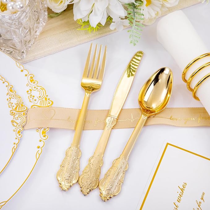 Hioasis 175pcs White and Gold Plates - White Party Plates for 25 Guest, Include 50 Heavy-duty Plates(20% Thicker Than Standard), 25 Cutlery Set, 25 Napkin, 25 Cups