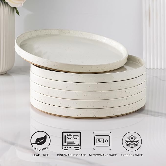 AmorArc Ceramic Dinner Plates Set of 6, 10.25 Inch Stoneware Plates for Kitchen,Modern Flat Dinnerware Dishes Set,Microwave& Dishwasher Safe, Scratch Resistant-Beige