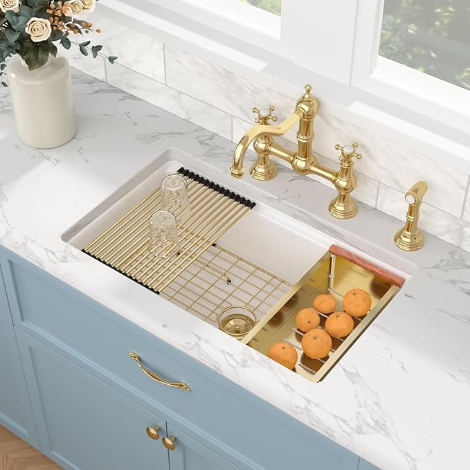 Sarlai 33 Inch White Undermount Sink Workstation - 33 x 19 Inch White Kitchen Sink Drop In Single Bowl Ledge Workstaion Topmount Sinks Fireclay Ceramic Sinks Basin With Gold Accessories