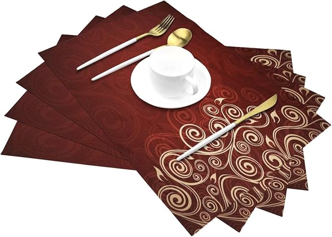 Burgundy Placemats Set of 6 Red Floral Swirls Ivy Image Ombre Details Wipeable Table Mats Flower Art Reusable Washable PVC Rectangle Place Mats for Kitchen Dining Home Decor 12x18 Inches